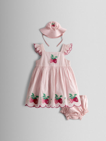 JoJo Maman Bébé Pink Strawberry Embroidered Dress & Hat Set image 1