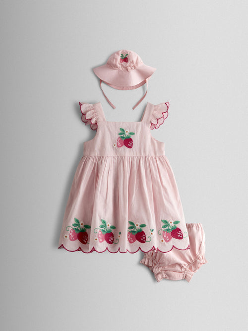 JoJo Maman Bébé Pink Strawberry Embroidered Dress & Hat Set image 1
