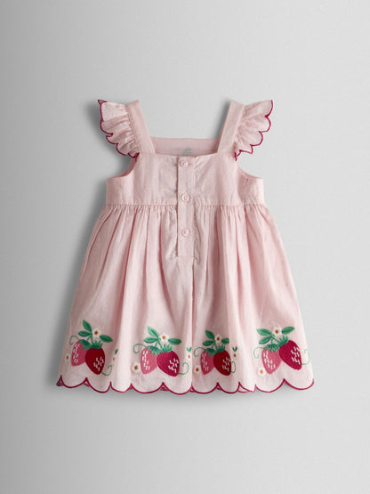JoJo Maman Bébé Pink Strawberry Embroidered Dress & Hat Set image 3