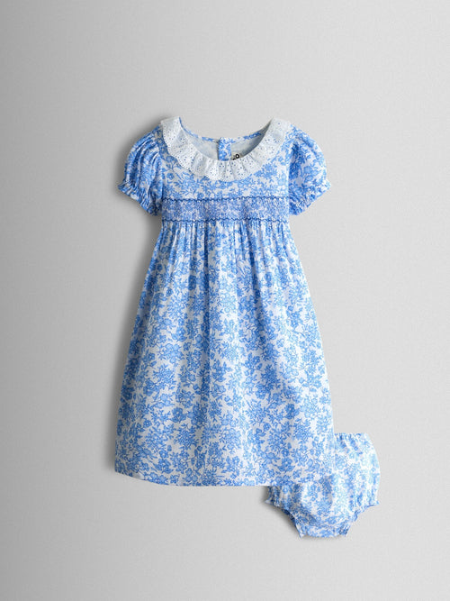 JoJo Maman Bébé Blue Garden Floral Smocked Woven Dress image 1