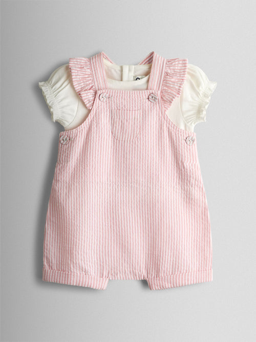 JoJo Maman Bébé Pink Seersucker Stripe Dungarees & T-Shirt Set image 1