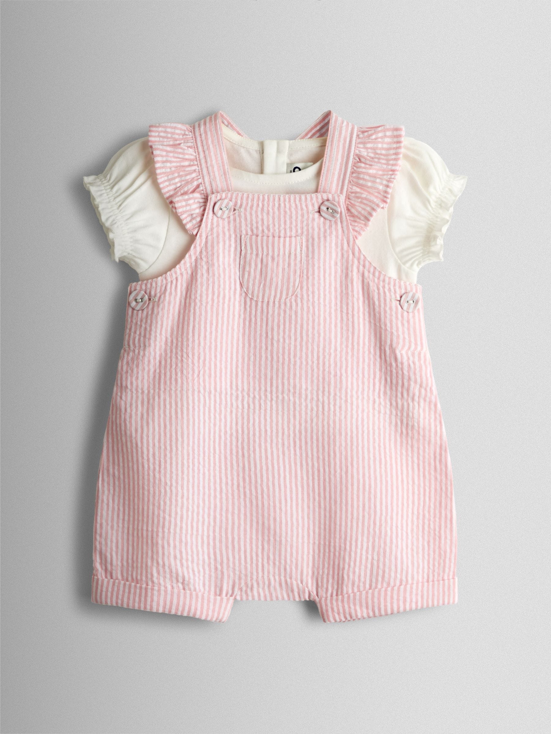 JoJo Maman Bébé Pink Seersucker Stripe Dungarees & T-Shirt Set image 1
