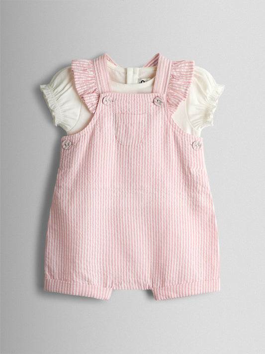JoJo Maman Bébé Pink Seersucker Stripe Dungarees & T-Shirt Set image 1