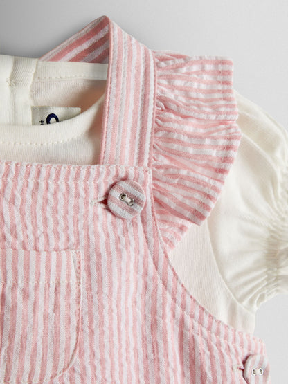 JoJo Maman Bébé Pink Seersucker Stripe Dungarees & T-Shirt Set image 6