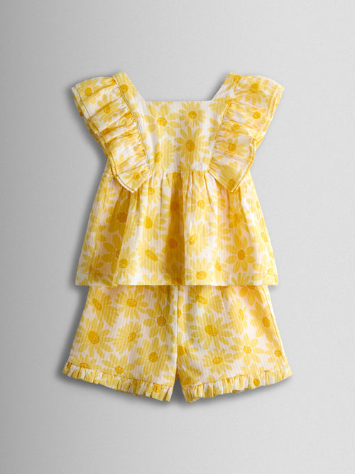 JoJo Maman Bébé Yellow Daisy Square Neck Top & Short Set image 1