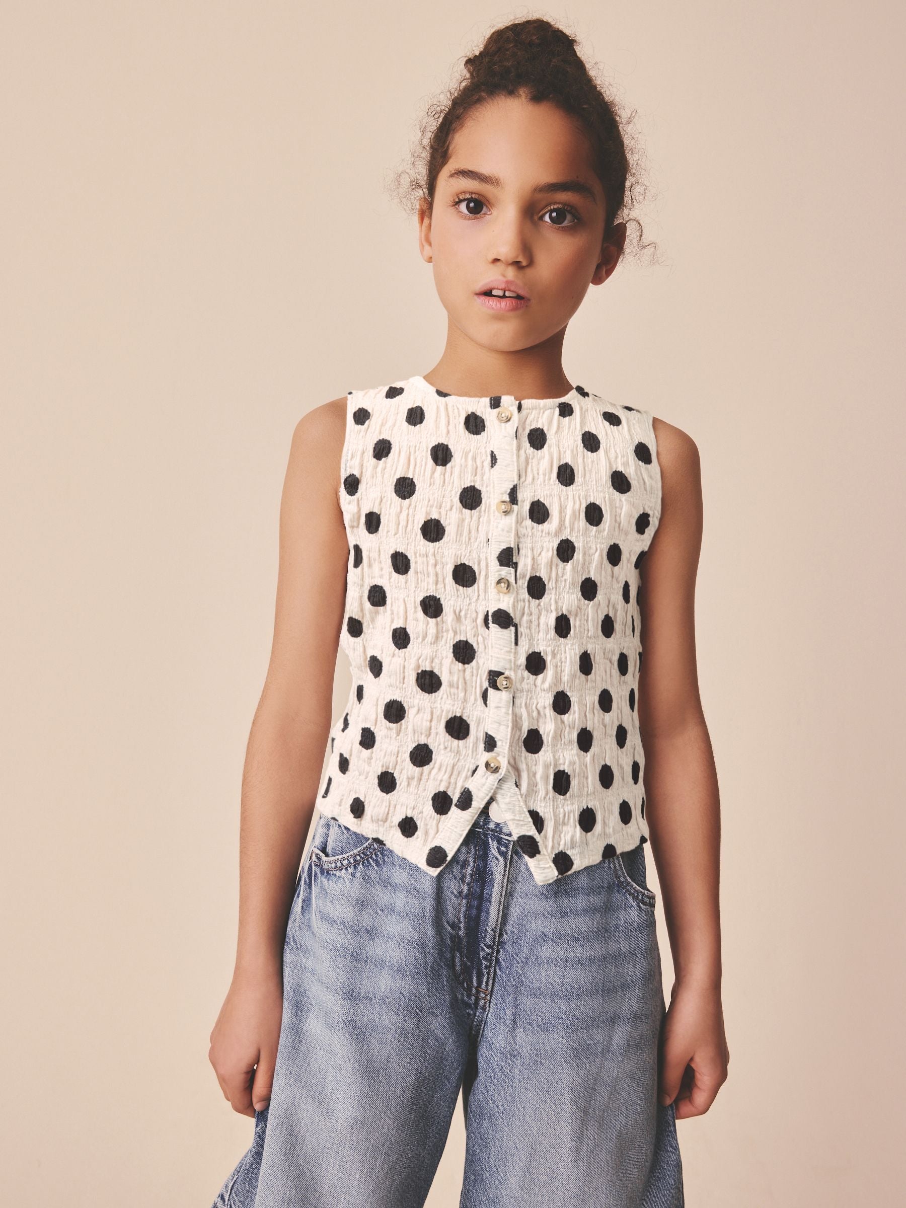 Dsiney Kidz - Black/White Spot Textured Button Front Top (3-16yrs) image 1