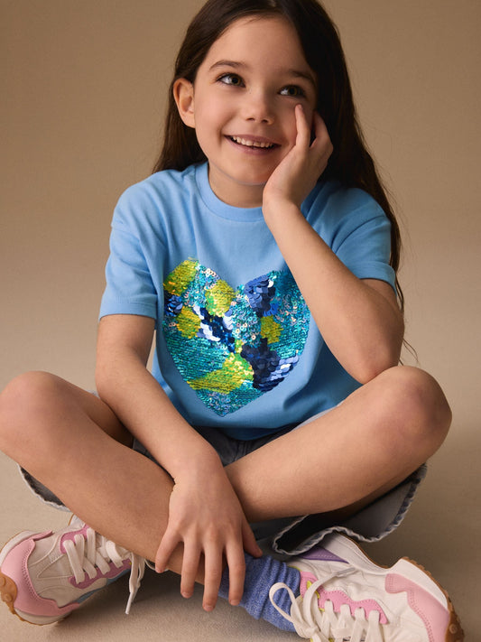Dsiney Kidz - Blue Boxy Sequin Heart T-Shirt (3-16yrs) image 1