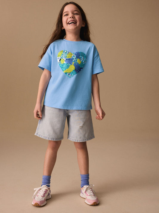 Dsiney Kidz - Blue Boxy Sequin Heart T-Shirt (3-16yrs) image 2