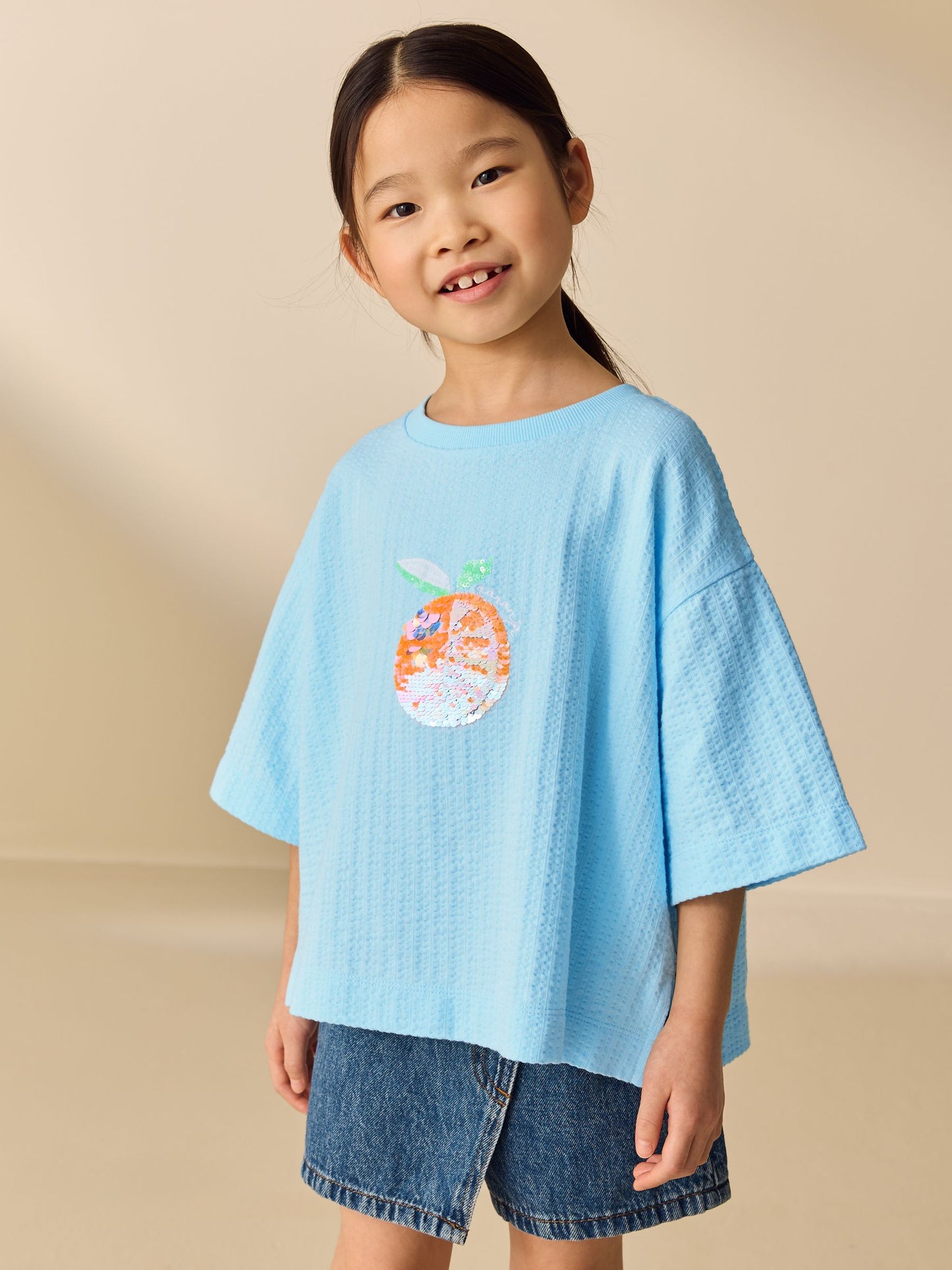 Dsiney Kidz - Blue Orange Sequin Textured Oversized Boxy T-Shirt (3-16yrs) image 1