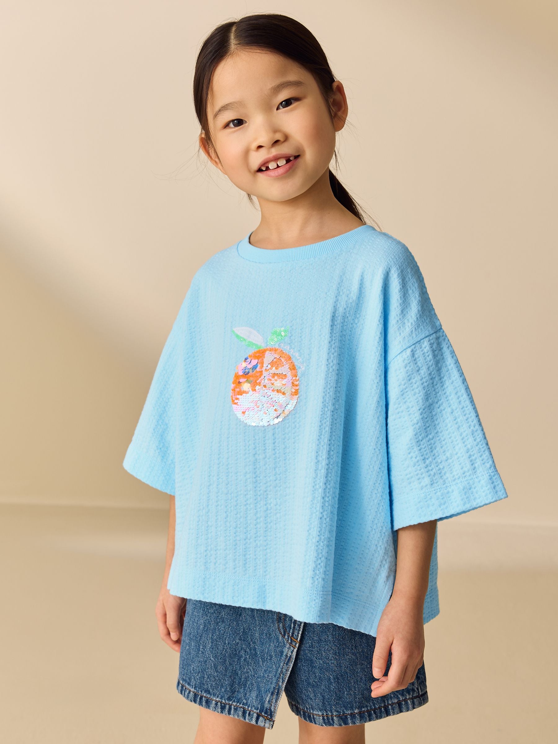 Dsiney Kidz - Blue Orange Sequin Textured Oversized Boxy T-Shirt (3-16yrs) image 1