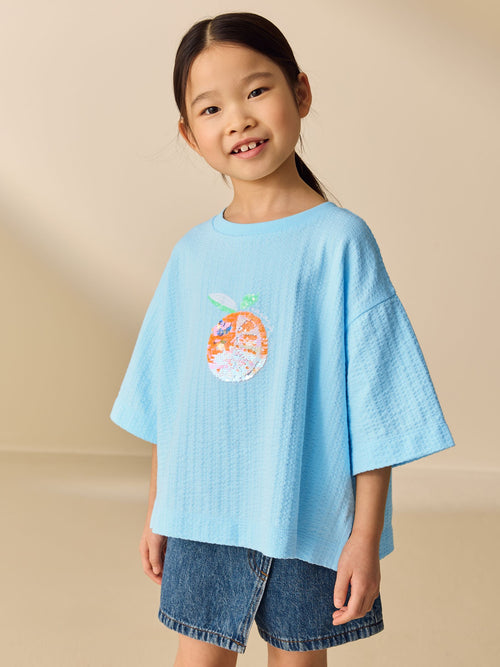 Dsiney Kidz - Blue Orange Sequin Textured Oversized Boxy T-Shirt (3-16yrs) image 1