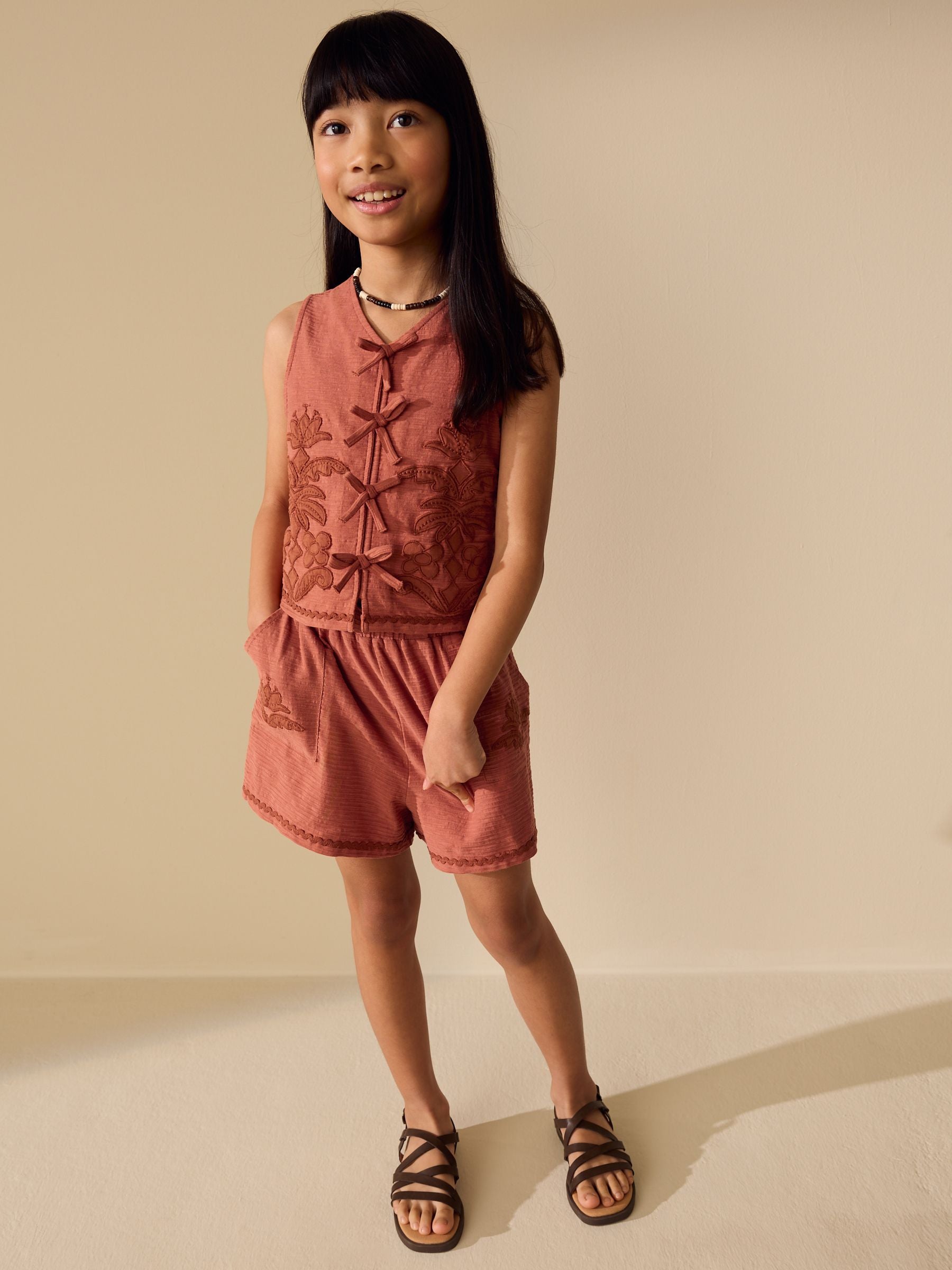 Dsiney Kidz - Rust Brown Textured Appliqué Waistcost Shorts Set (3-16yrs) image 1