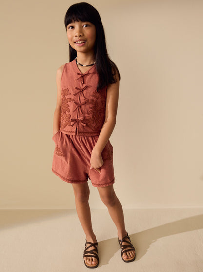Dsiney Kidz - Rust Brown Textured Appliqué Waistcost Shorts Set (3-16yrs) image 1