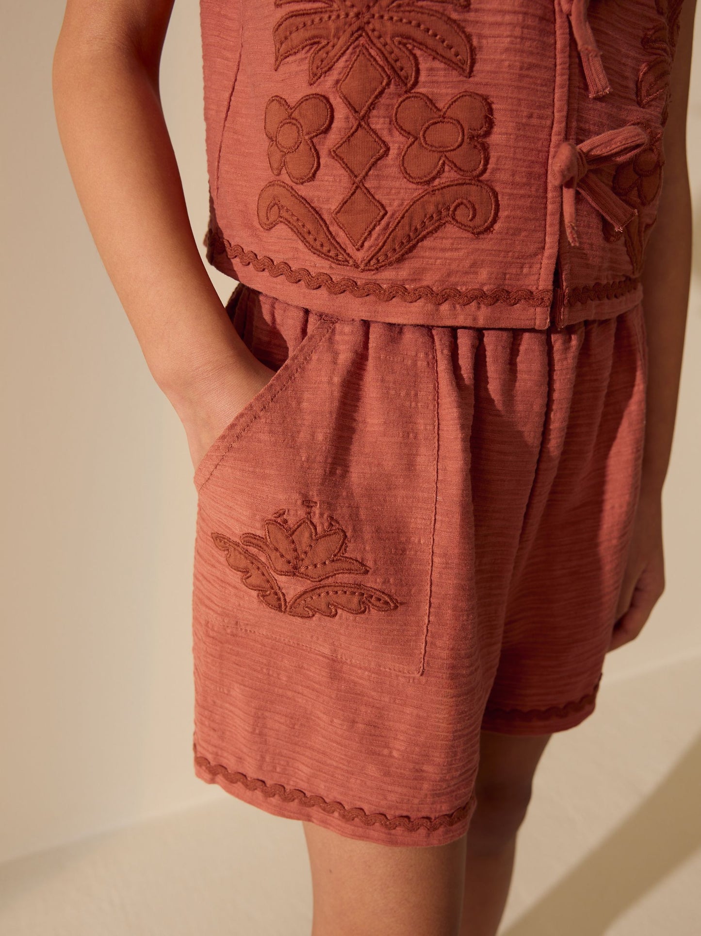 Dsiney Kidz - Rust Brown Textured Appliqué Waistcost Shorts Set (3-16yrs) image 5