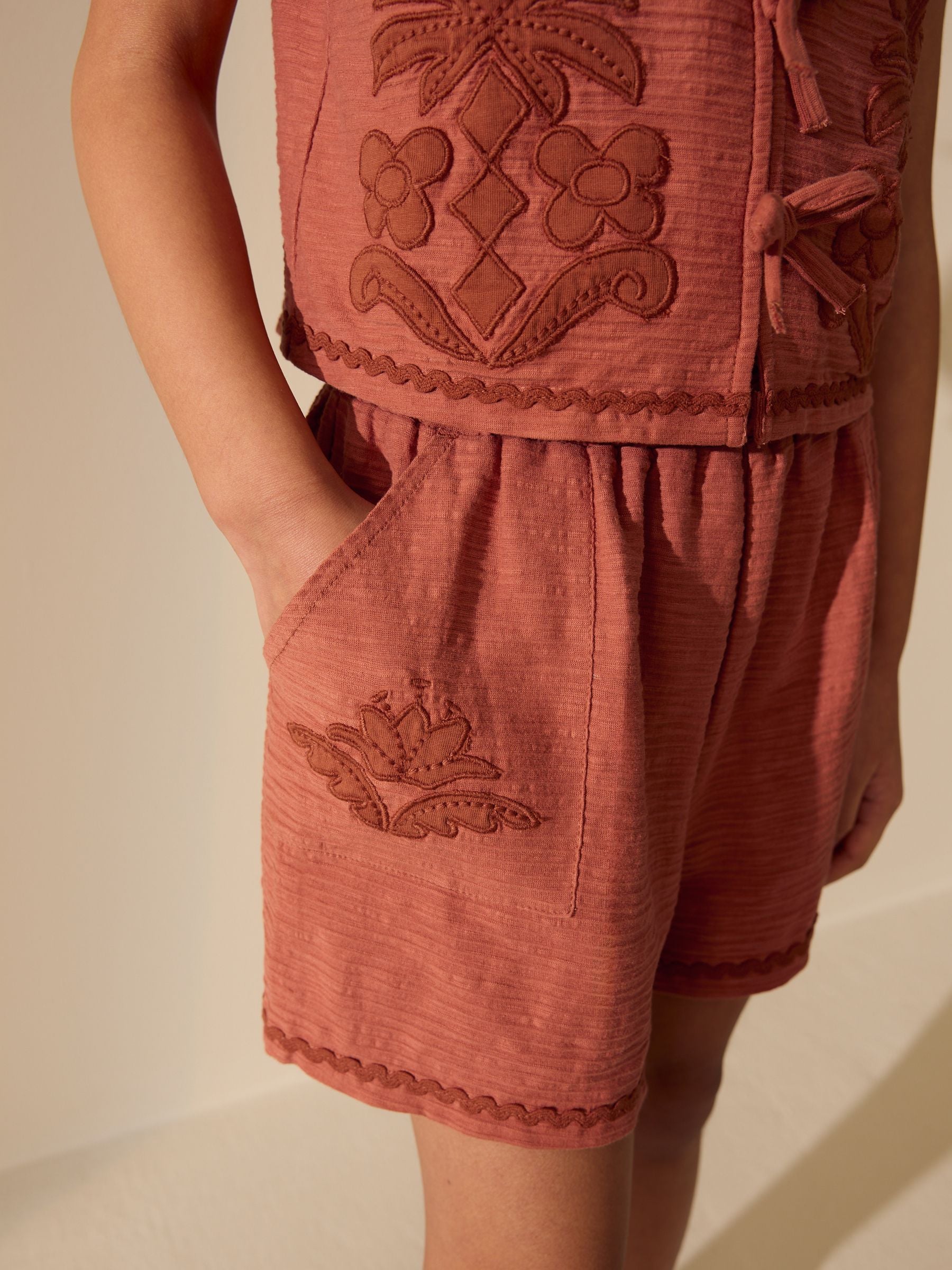 Dsiney Kidz - Rust Brown Textured Appliqué Waistcost Shorts Set (3-16yrs) image 5