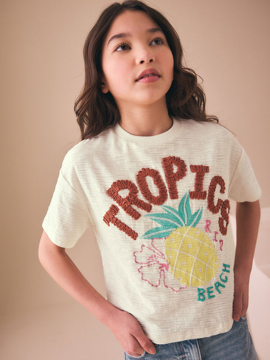 Dsiney Kidz - Ecru Tropics Embroidered Textured T-Shirt (3-16yrs) image 1