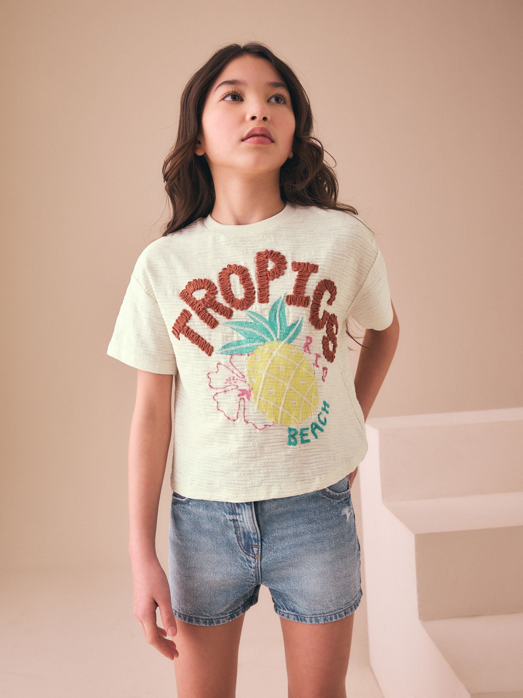 Dsiney Kidz - Ecru Tropics Embroidered Textured T-Shirt (3-16yrs) image 2