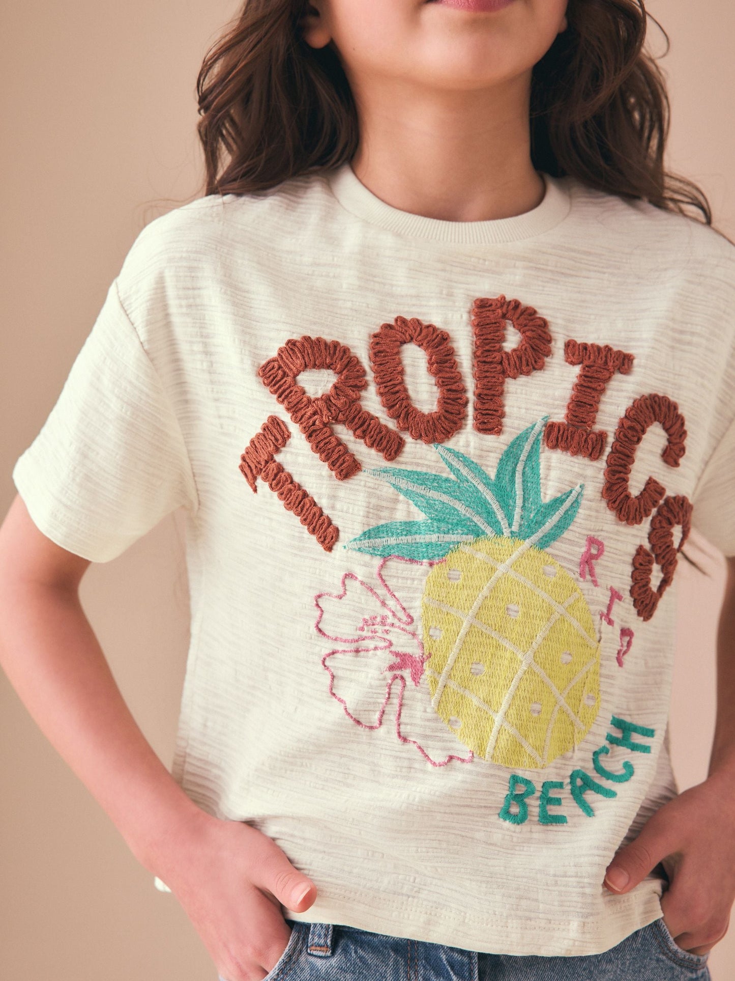 Dsiney Kidz - Ecru Tropics Embroidered Textured T-Shirt (3-16yrs) image 4