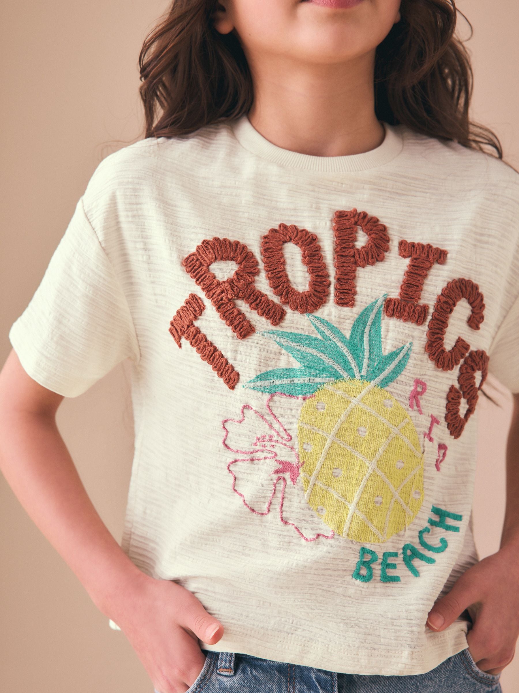 Dsiney Kidz - Ecru Tropics Embroidered Textured T-Shirt (3-16yrs) image 4