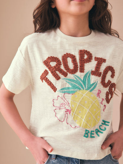 Dsiney Kidz - Ecru Tropics Embroidered Textured T-Shirt (3-16yrs) image 4