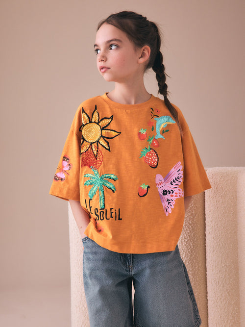 Dsiney Kidz - Orange Soleil Embroidered Oversized Boxy T-Shirt (3-16yrs) image 1
