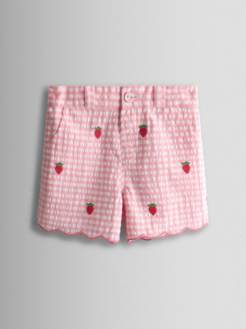JoJo Maman Bébé Pink Strawberry Scallop Hem Embroidered Shorts image 1
