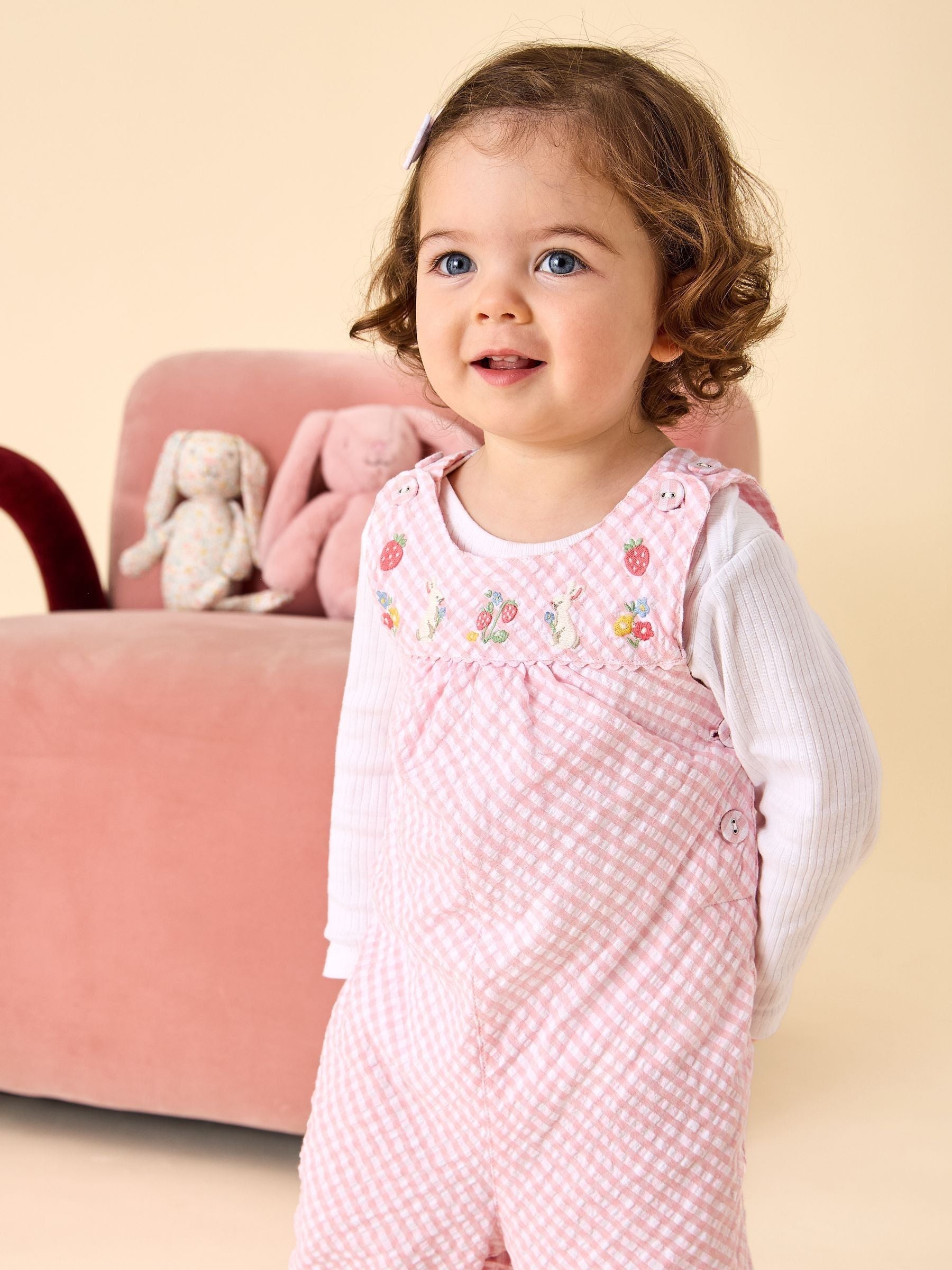 JoJo Maman Bébé Pink Bunny Embroidered Gingham Dungaree image 1