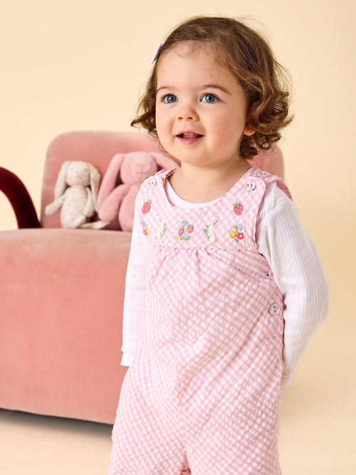 JoJo Maman Bébé Pink Bunny Embroidered Gingham Dungaree image 1