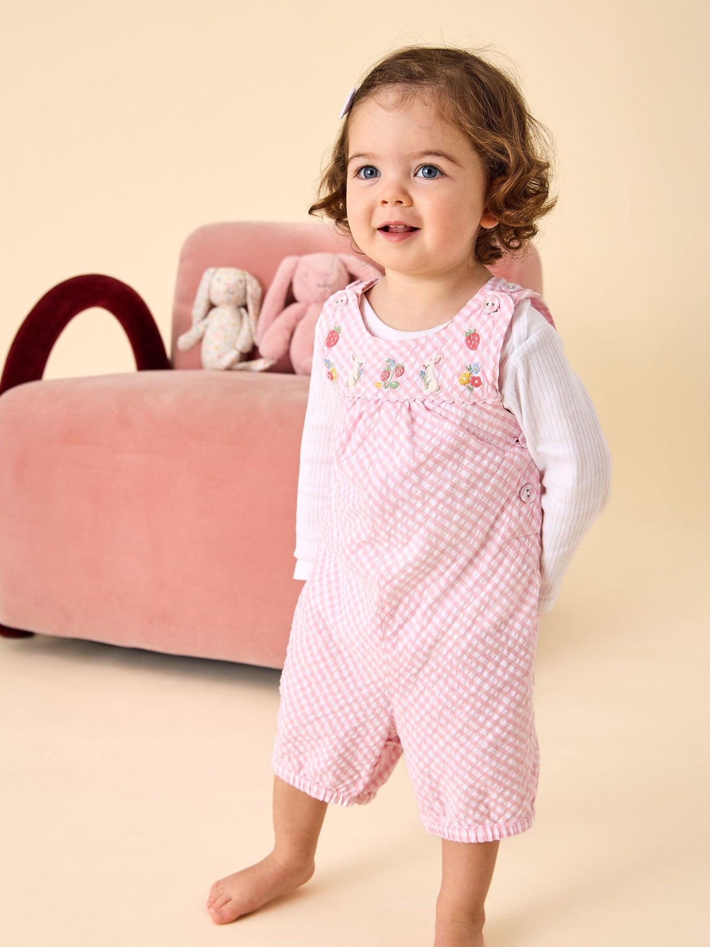 JoJo Maman Bébé Pink Bunny Embroidered Gingham Dungaree image 2