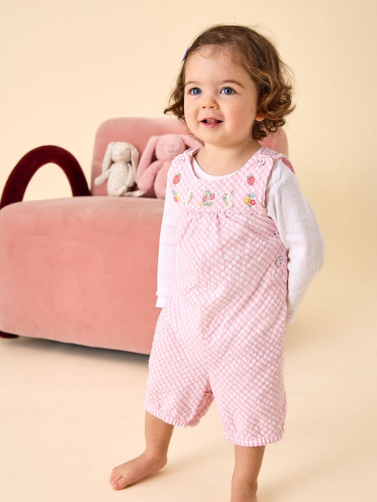JoJo Maman Bébé Pink Bunny Embroidered Gingham Dungaree image 2
