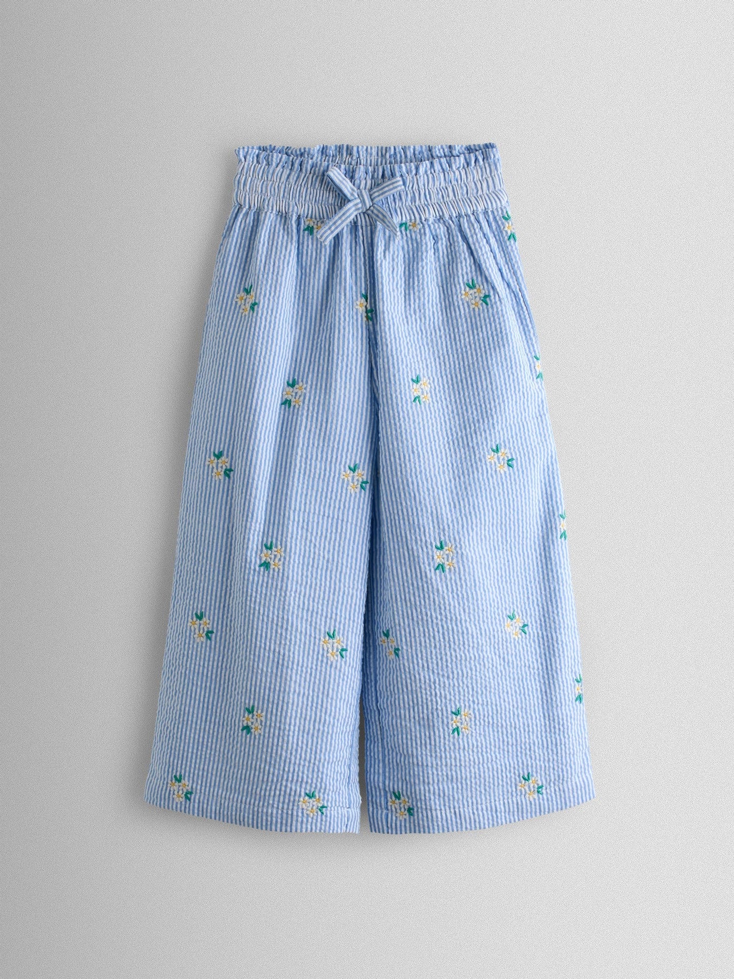 JoJo Maman Bébé Blue Stripe Daisy Embroidered Seersucker Trousers image 2