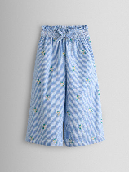 JoJo Maman Bébé Blue Stripe Daisy Embroidered Seersucker Trousers image 2