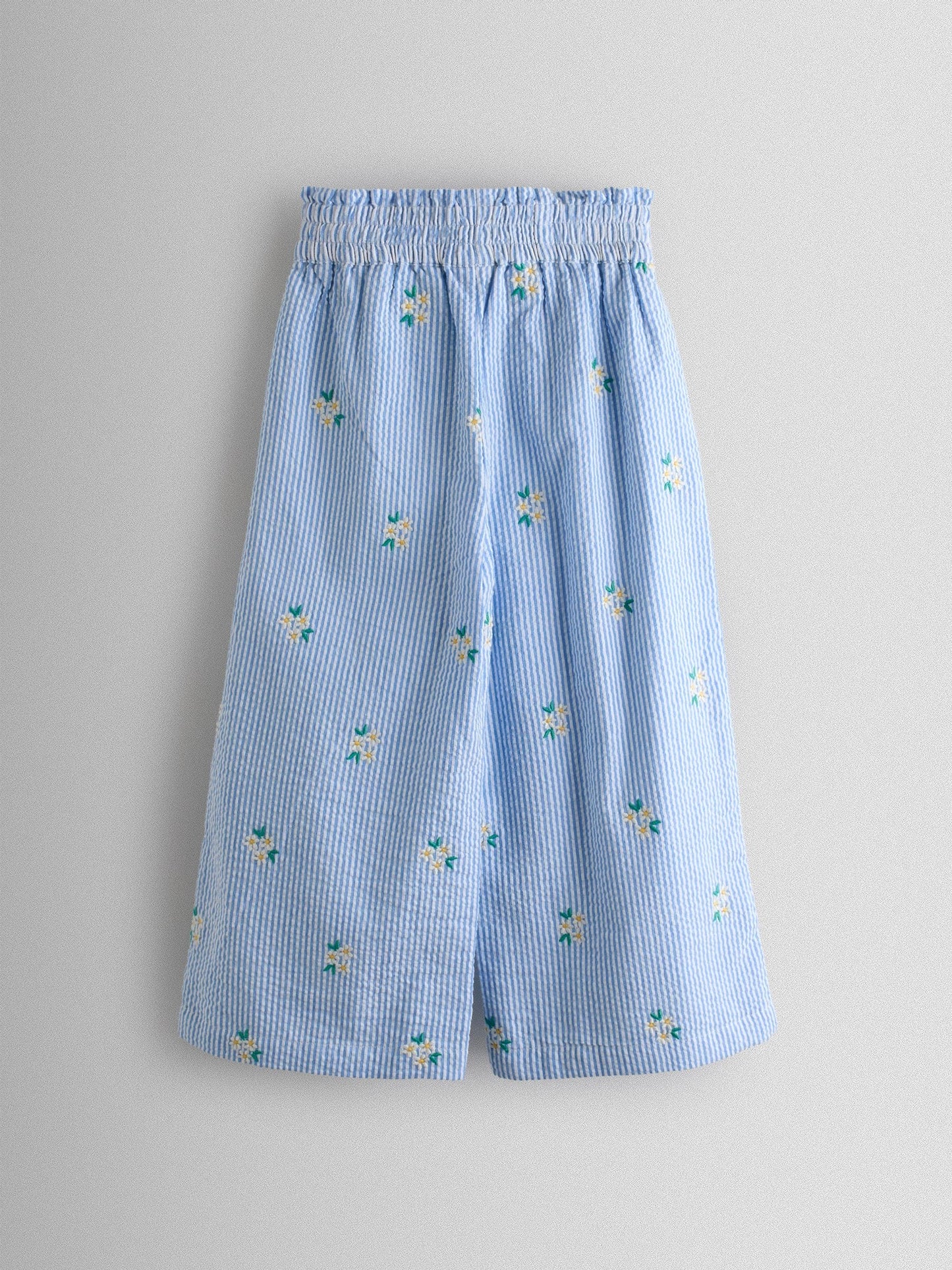 JoJo Maman Bébé Blue Stripe Daisy Embroidered Seersucker Trousers image 3