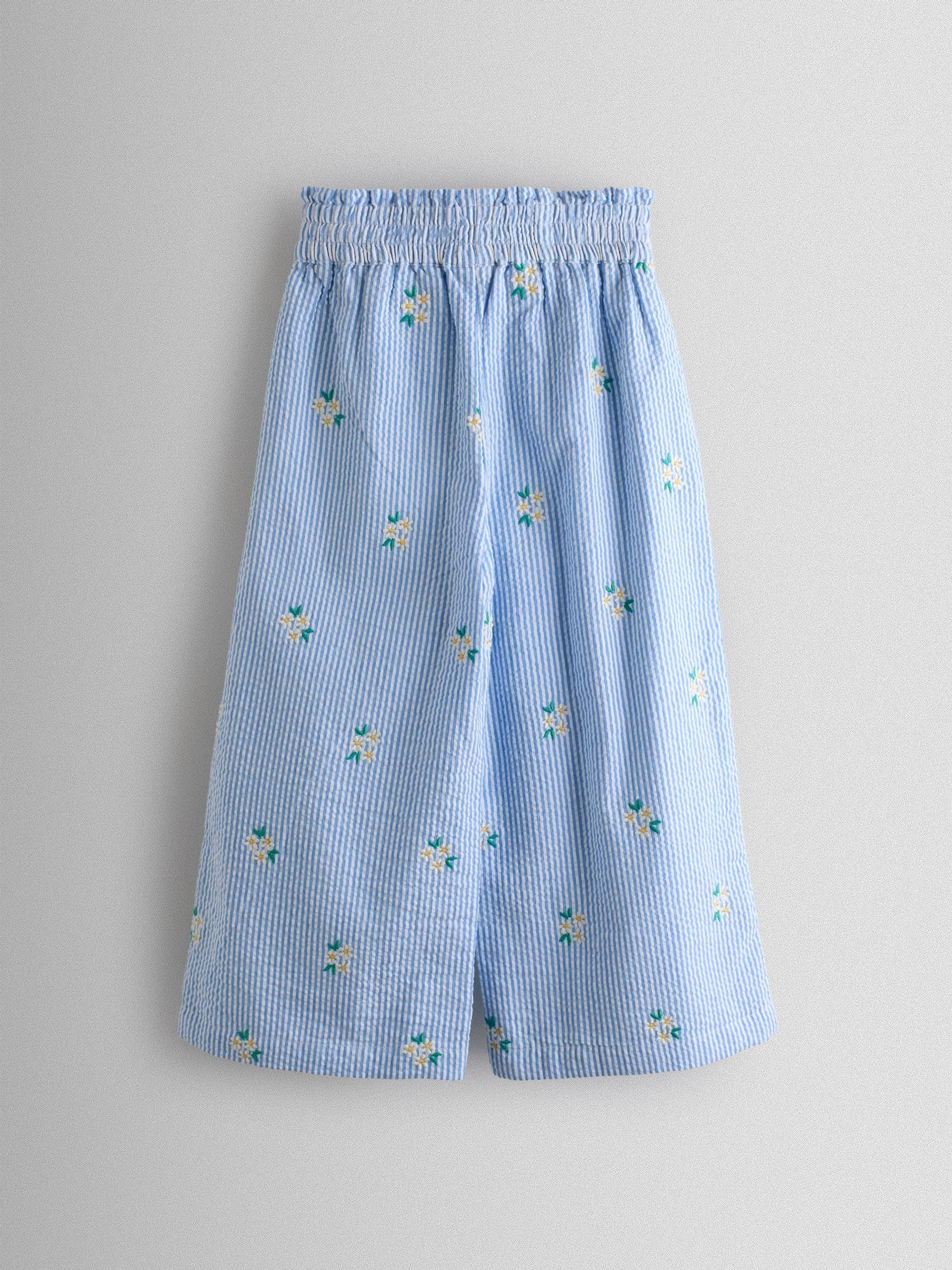 JoJo Maman Bébé Blue Stripe Daisy Embroidered Seersucker Trousers image 3