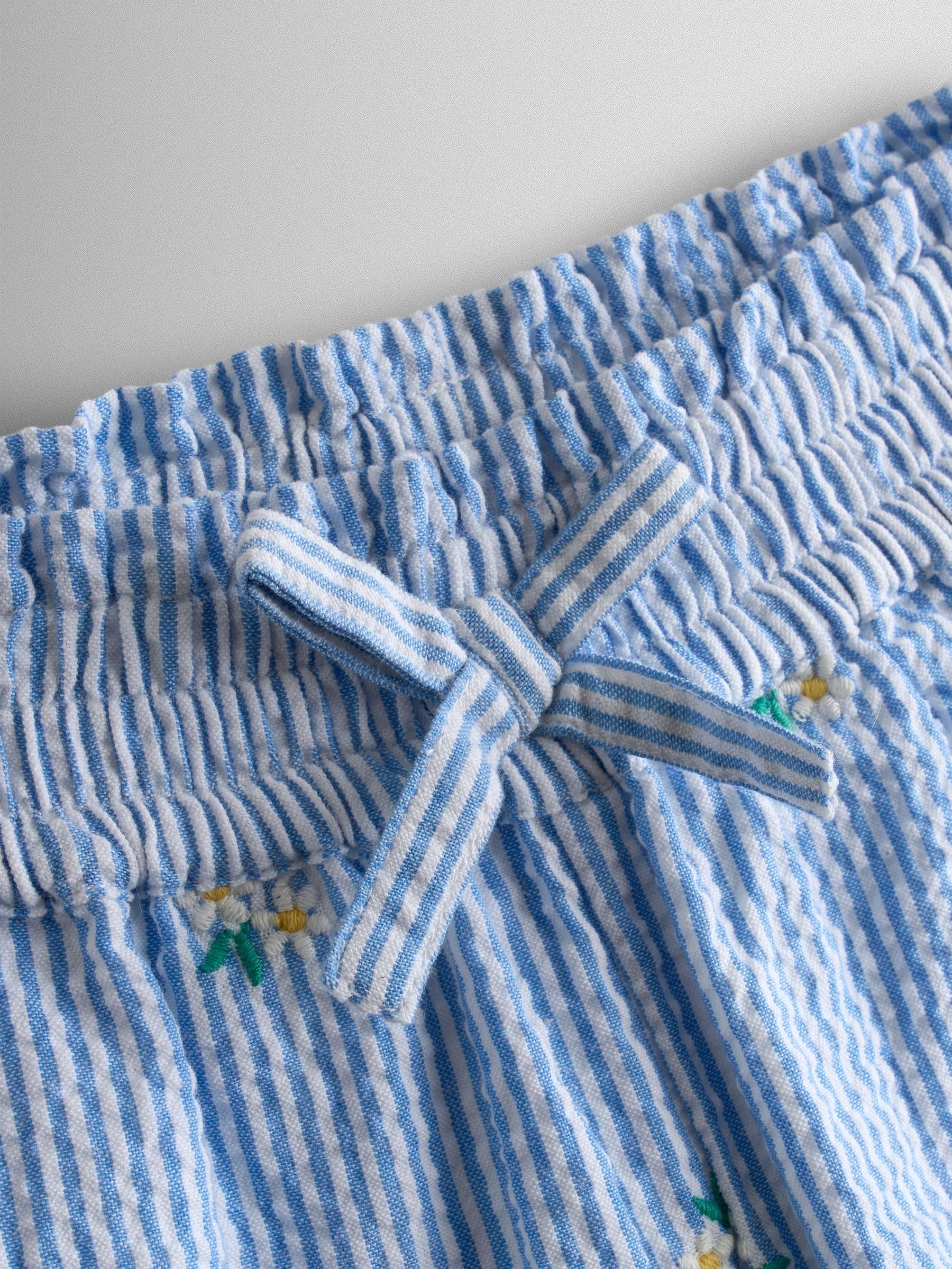 JoJo Maman Bébé Blue Stripe Daisy Embroidered Seersucker Trousers image 4