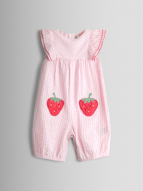 JoJo Maman Bébé Pink Strawberry Frill Shoulder Appliqué Pocket Romper image 1