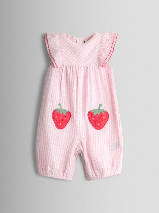 JoJo Maman Bébé Pink Strawberry Frill Shoulder Appliqué Pocket Romper image 1