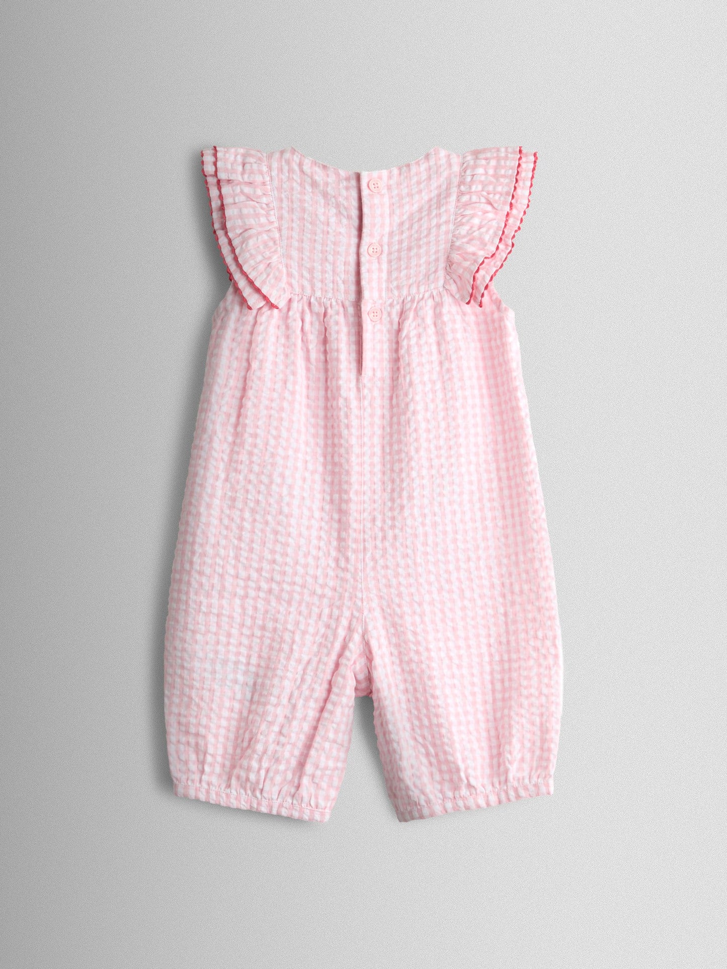 JoJo Maman Bébé Pink Strawberry Frill Shoulder Appliqué Pocket Romper image 2