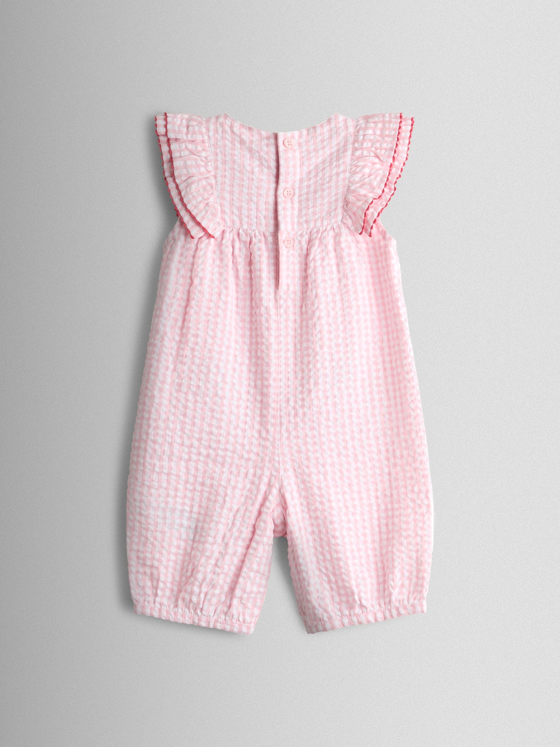 JoJo Maman Bébé Pink Strawberry Frill Shoulder Appliqué Pocket Romper image 2