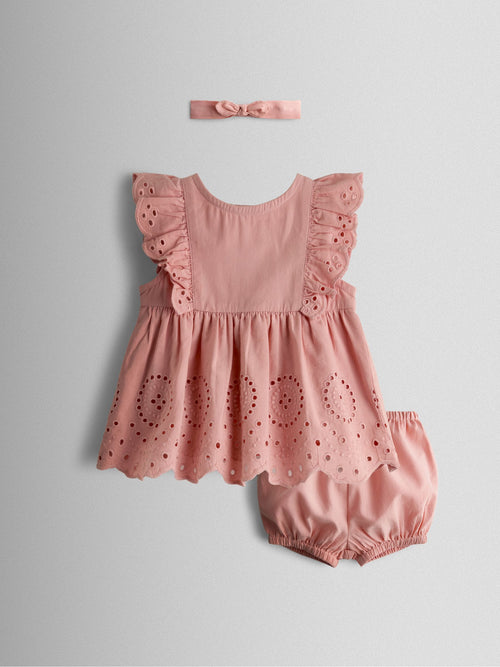 JoJo Maman Bébé Pink Broderie Dress and Bloomers Set image 1