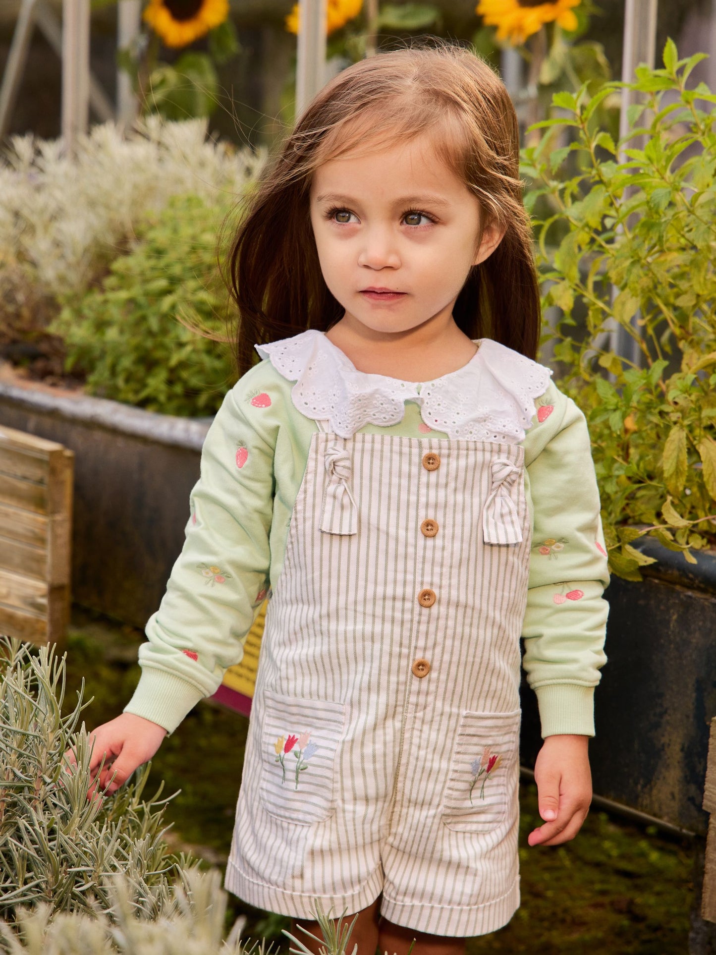 JoJo Maman Bébé Green Floral Embroidered Stripe Dungaree image 1