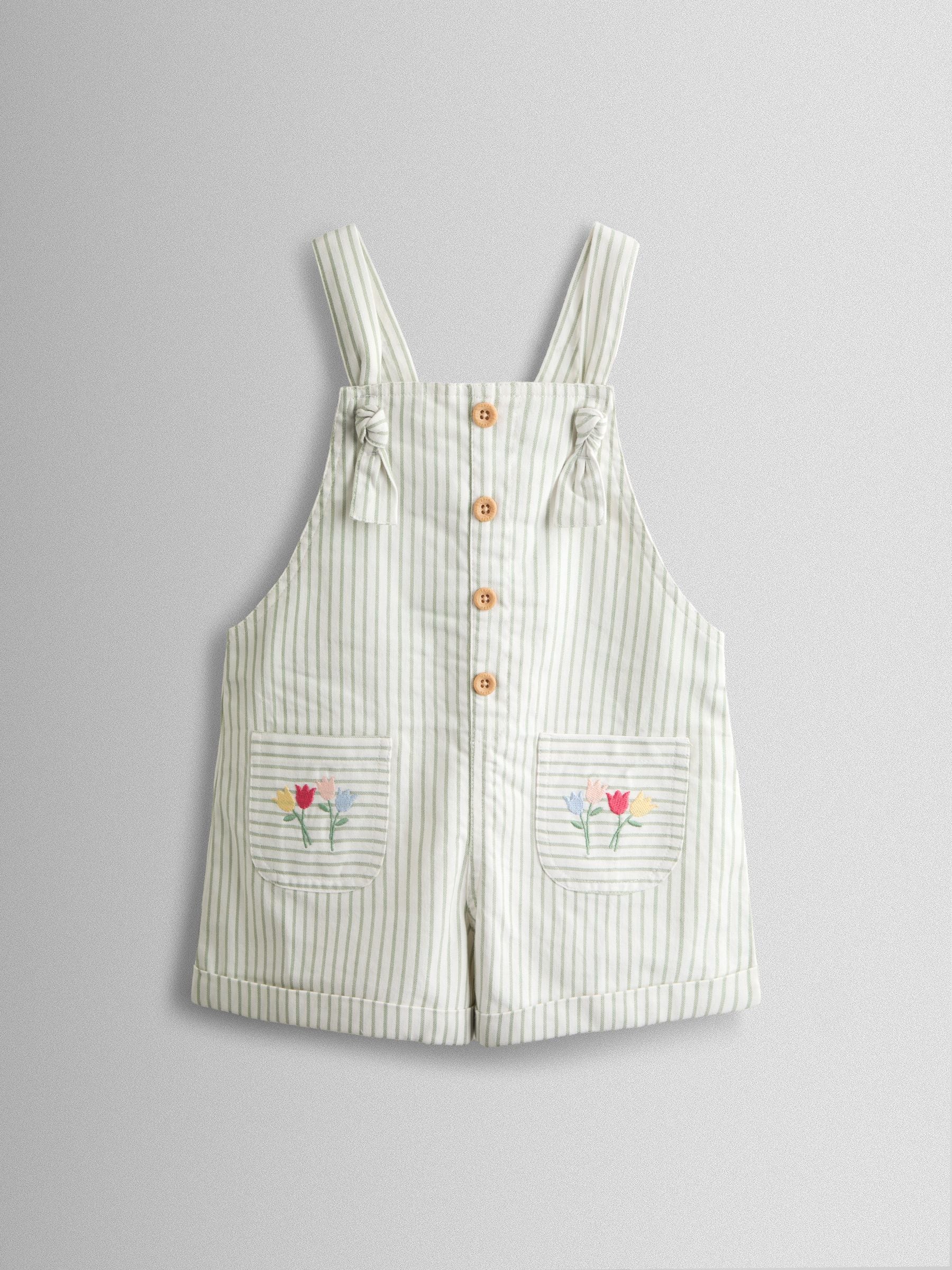 JoJo Maman Bébé Green Floral Embroidered Stripe Dungaree image 2