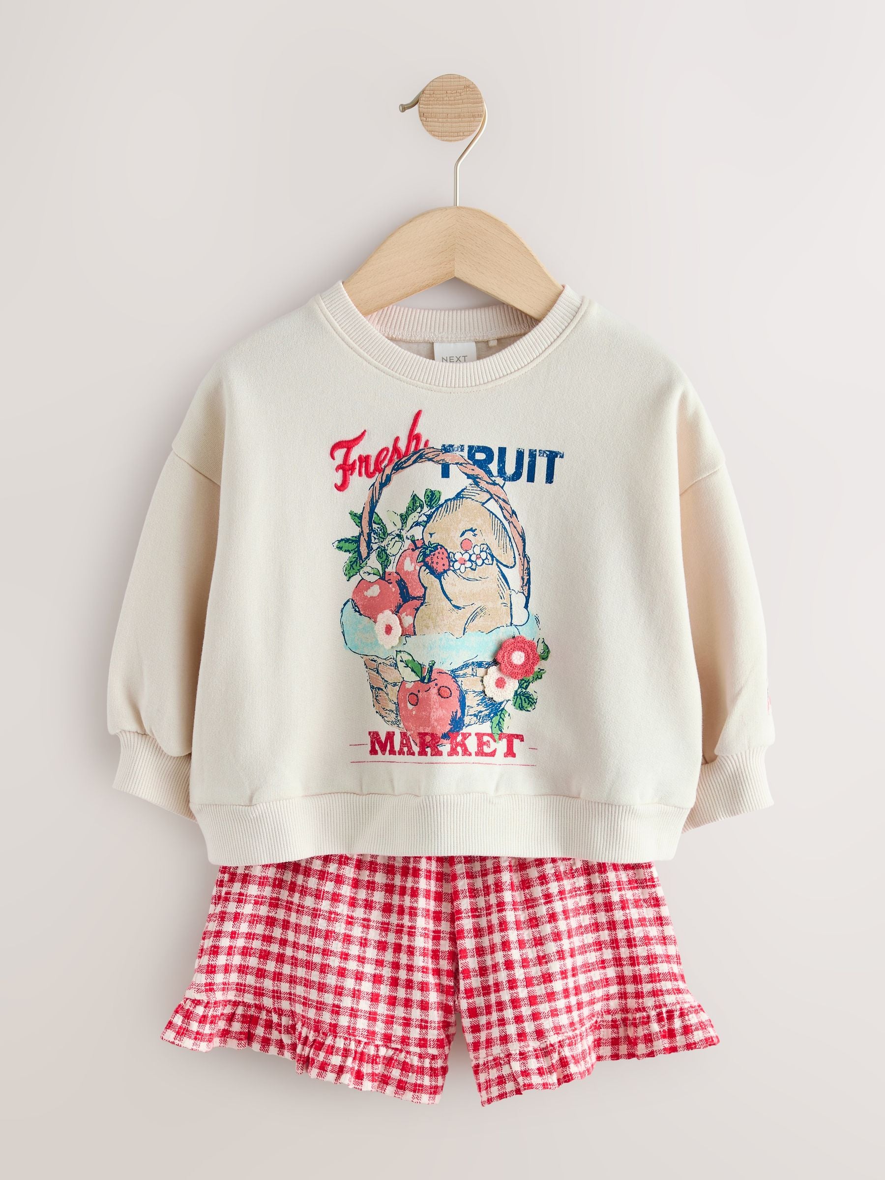 Cream Gingham Fruit Market Crew Neck Sweatshirt & Shorts Set (3mths-7yrs) image 5