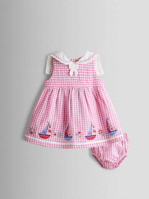 Dsiney Kidz - JoJo Maman Bébé Pink Gingham Nautical Embroidered Sailor Baby Dress image 1
