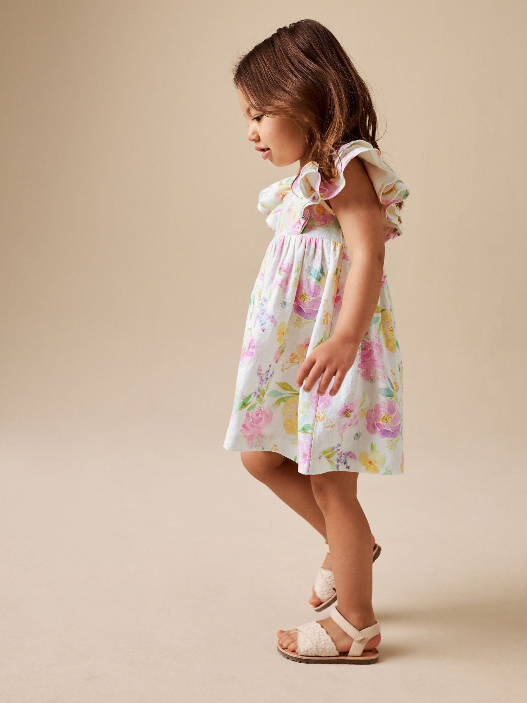 Lilac Floral Linen Frill Sleeve Dress (3mths-8yrs) image 3
