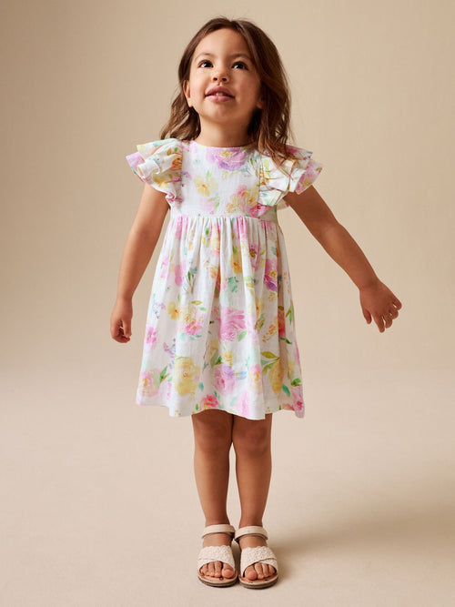 Lilac Floral Linen Frill Sleeve Dress (3mths-8yrs) image 1