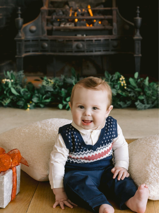 Emile Et Rose Blue Kendrick 3 Piece Shirt Fairisle Tank Top & Trousers Set image 1