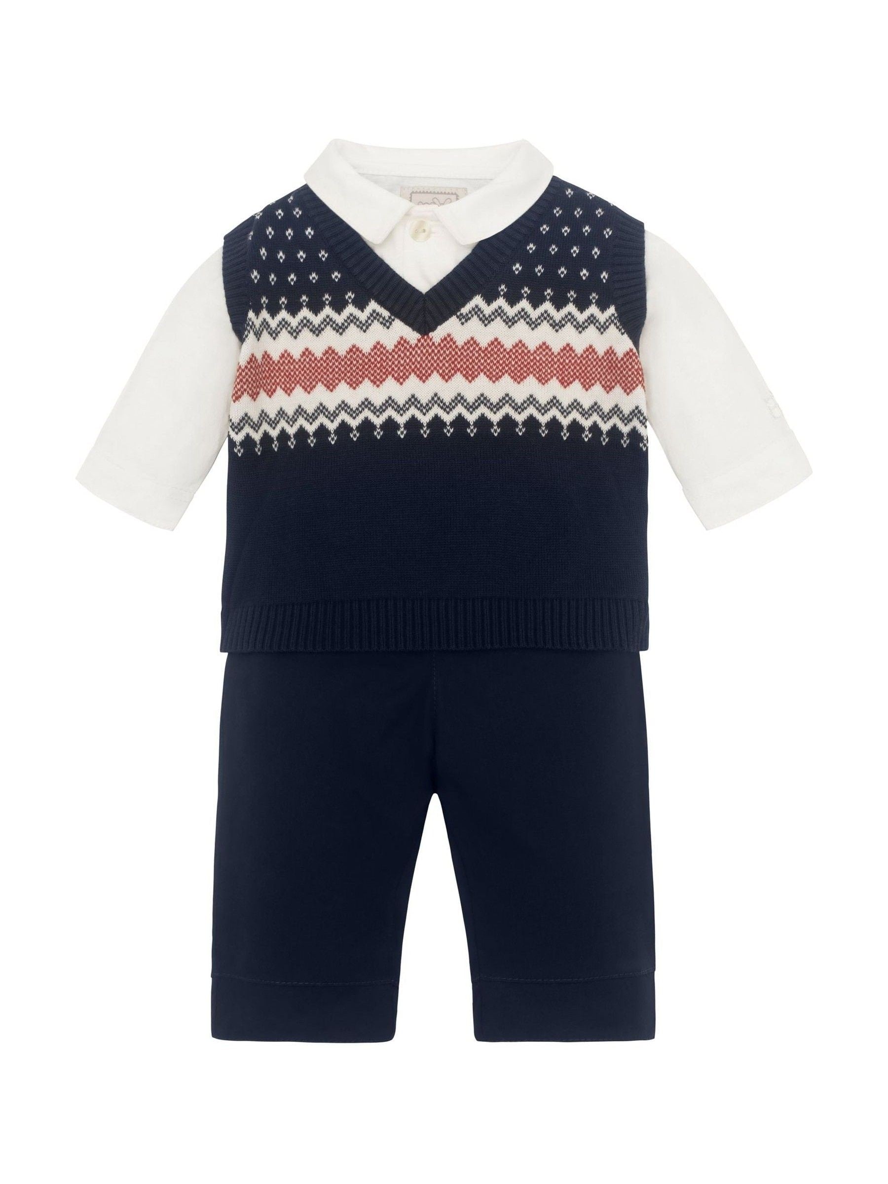 Emile Et Rose Blue Kendrick 3 Piece Shirt Fairisle Tank Top & Trousers Set image 2