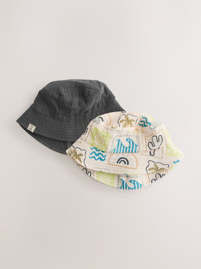 Grey Stampy Printed Woven Baby Bucket Hats 2 Pack image 1