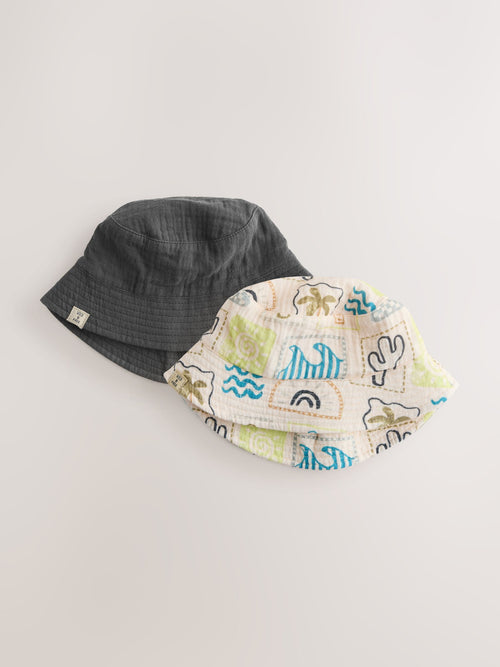 Grey Stampy Printed Woven Baby Bucket Hats 2 Pack image 1